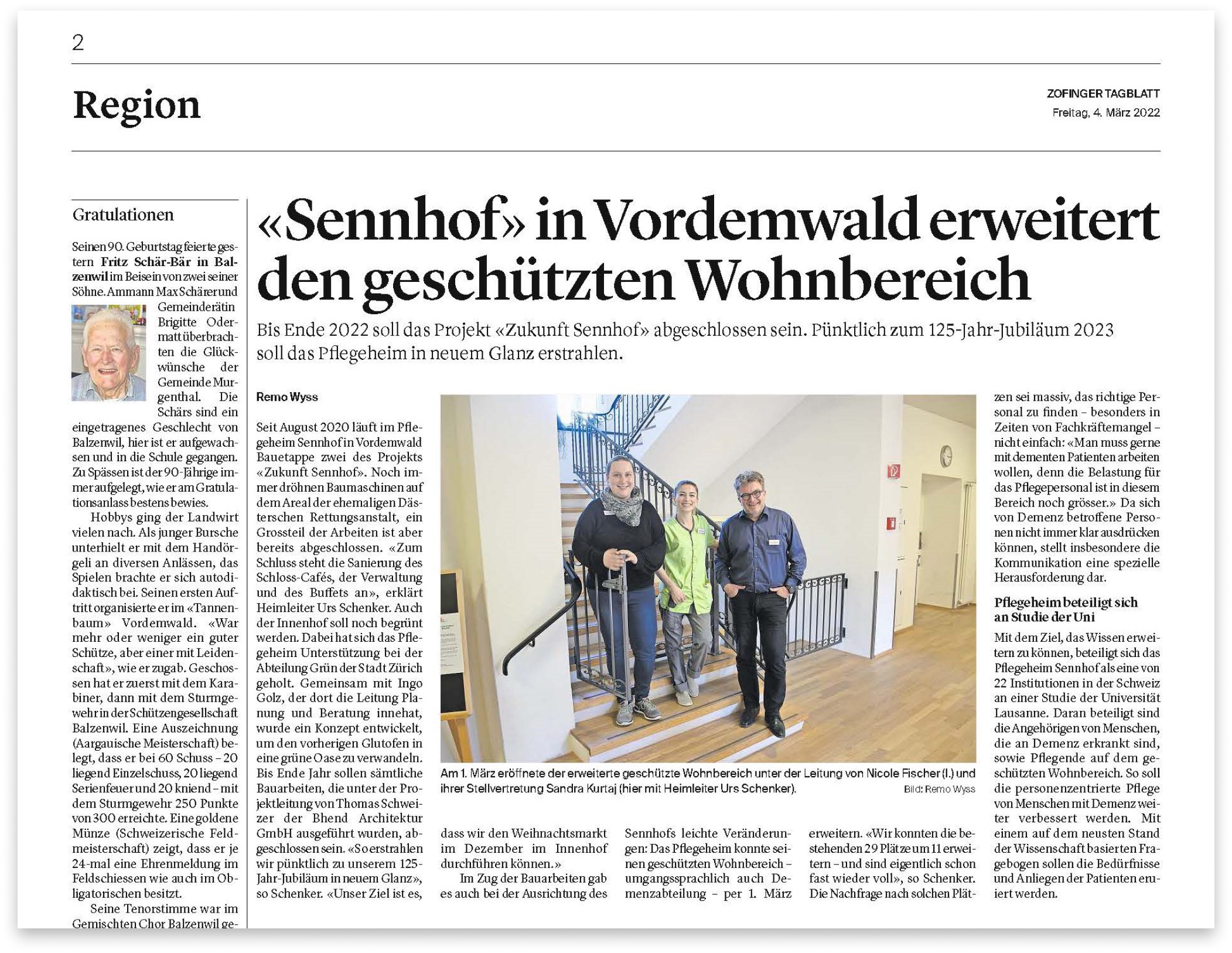 Sennhof in Vordemwald erweitert den geschützten Wohnbereich