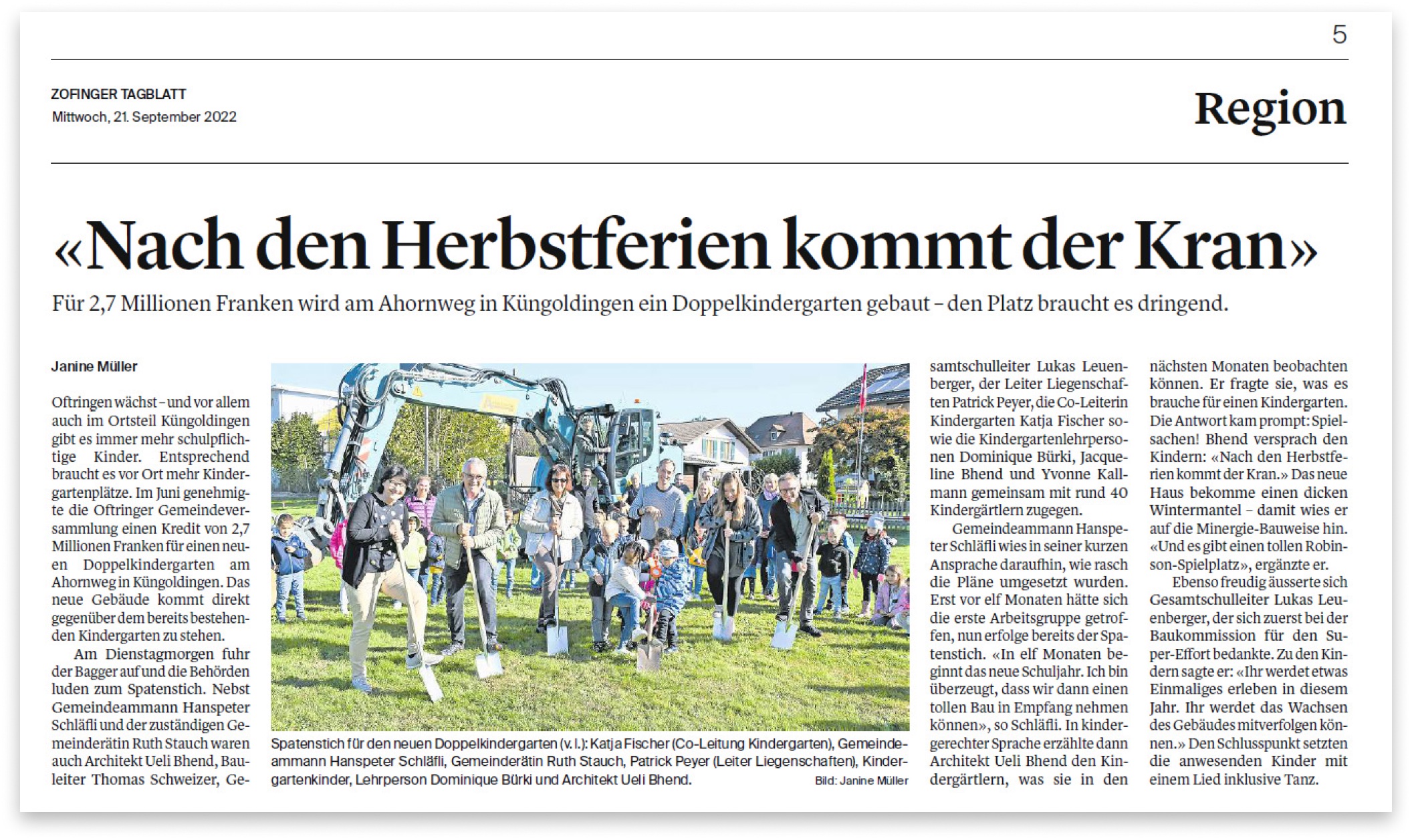 Spatenstich Doppelkindergarten Oftringen